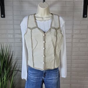 Vintage IDI Cream Leather And Crochet Sleeveless Button Up Vest Medium